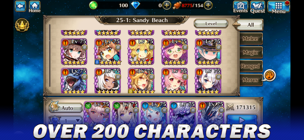 VALKYRIE CONNECT - Tela de seleção de personagens no Valkyrie Connect apresentando vários heróis em estilo anime e uma mensagem afirmando que mais de 200 personagens estão disponíveis