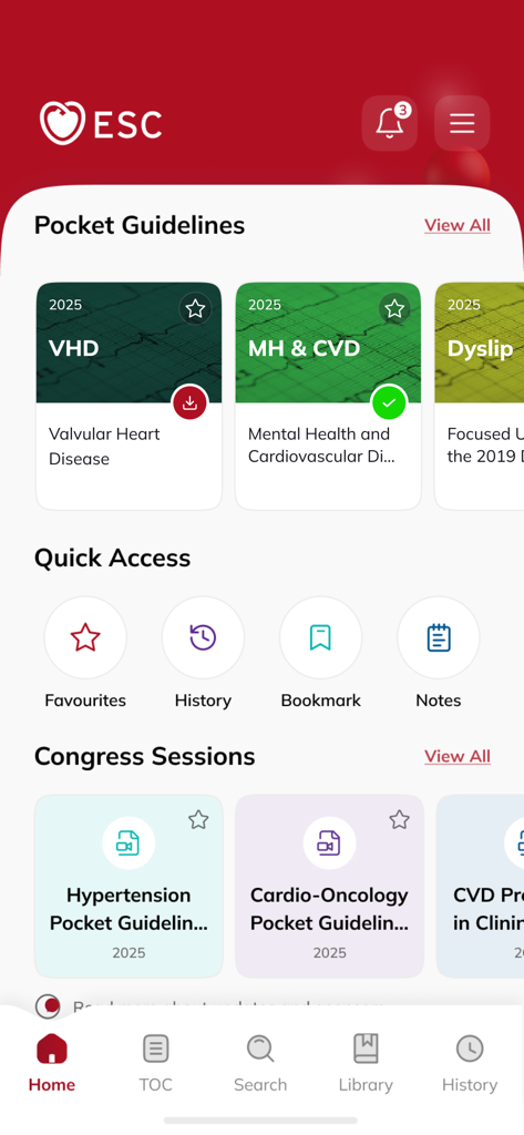 La schermata principale dell'app ESC Pocket Guidelines presenta sezioni per protocolli di cardiologia, strumenti di accesso rapido e sessioni congressuali.