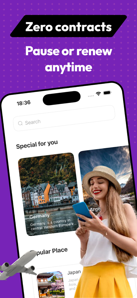 Interfaz de la aplicación móvil Roami eSIM que muestra planes de datos de viajes internacionales sin contratos