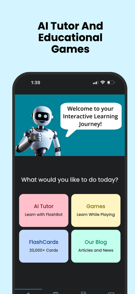 FlashLearners: Study & CBT - FlashLearners mobile app interface featuring an AI tutor and interactive educational games
