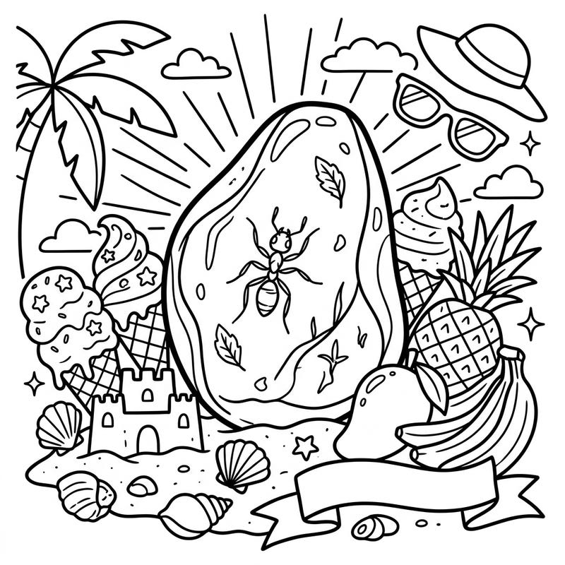 Unearth a prehistoric wonder on your summer vacation with this unique coloring page. Featuring fossilized amber, beach delights, and tropical fruits, it's perfect for a creative escape.