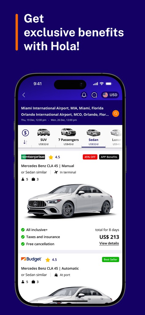 Hola Car Rentals - Hola Car Rentalsアプリの検索結果、排他的な特典と透明性のある価格設定を示す白い高級セダンが表示されている