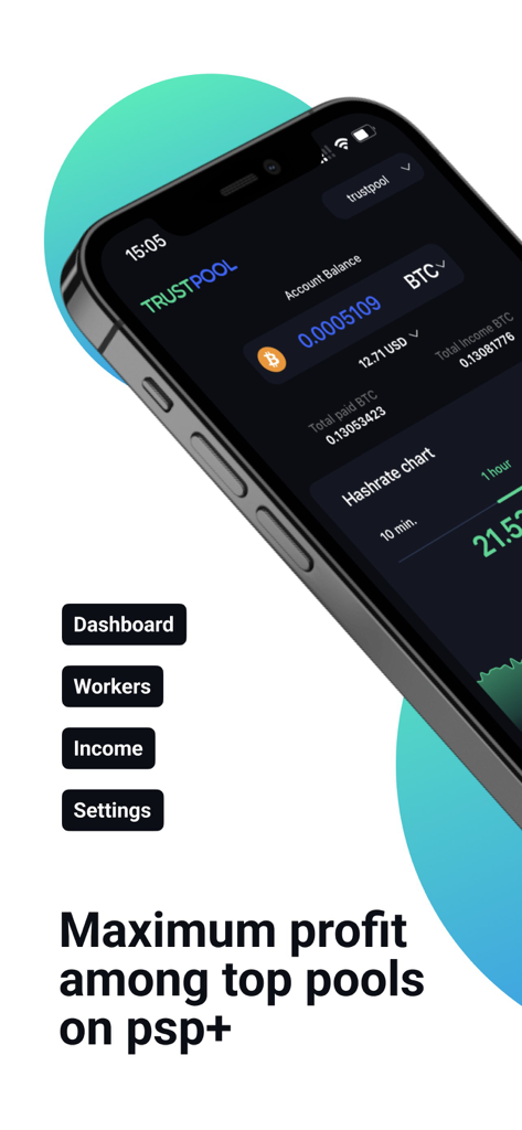 Trustpool: Crypto Mining Pool - Trustpool mobile App Benutzeroberfläche zeigt Bitcoin Kontostand und Hashrate-Diagramm für Krypto-Mining
