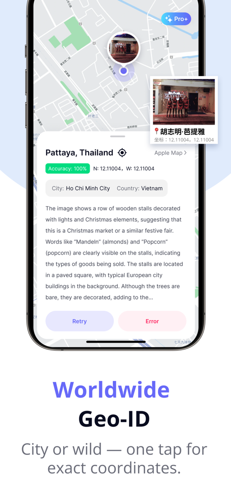 Interface de l'application GeoSnap AI affichant les détails de localisation et la carte pour une photo
