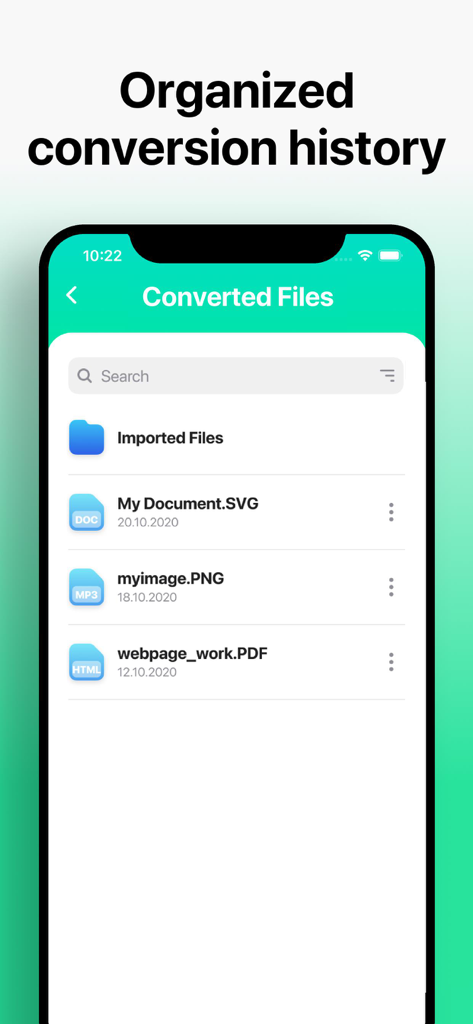 The Audio Converter - A smartphone screen showing the organized conversion history and file management section of The Audio Converter app.