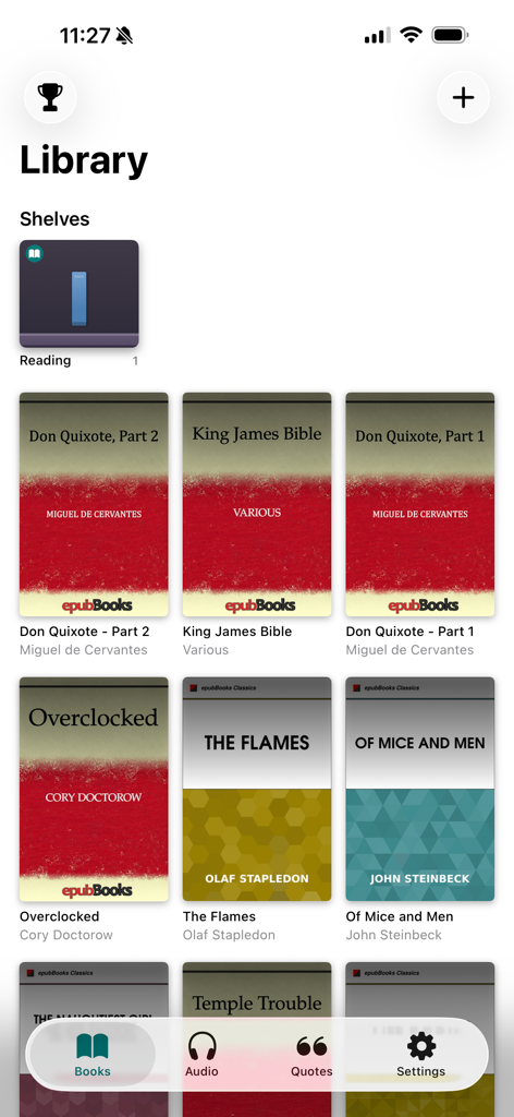 UniBook - Books without limits - UniBook app library screen showing book covers and reading shelves