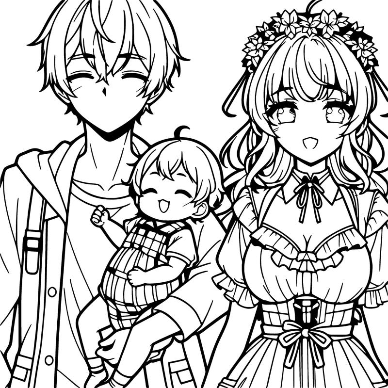 anime girl with her  baby and her husband