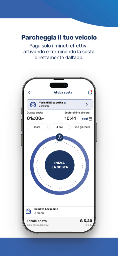UNICO Campania app - Mobile App-Oberfläche der UNICO Campania, die die digitale Parkgebührenfunktion für Reisende in Italien anzeigt