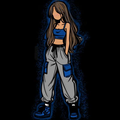 girl in baggy pants crop top and long hair