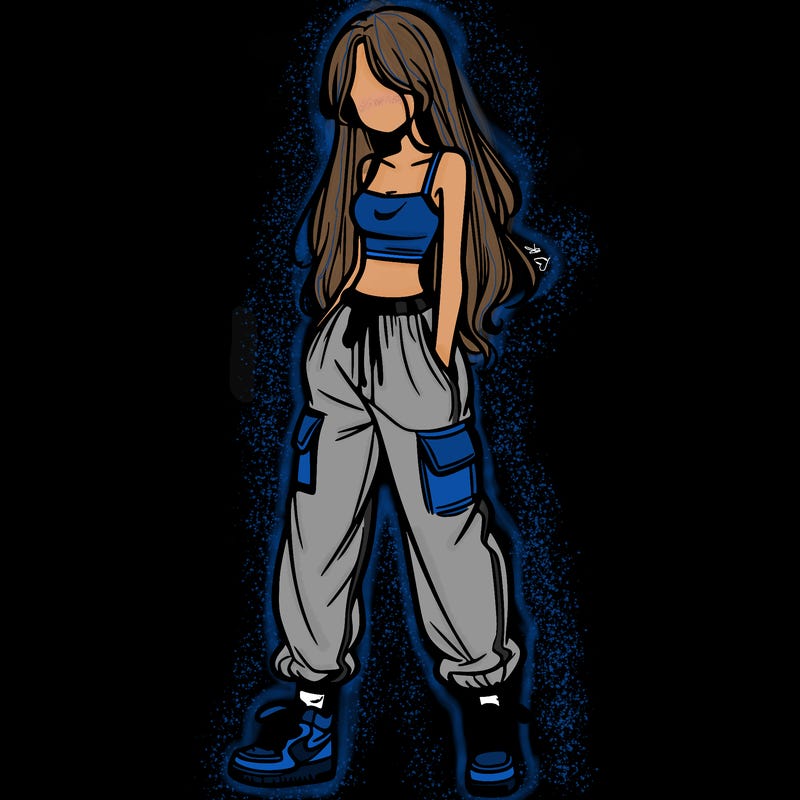 girl in baggy pants crop top and long hair