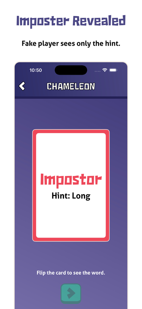 Mobile game screen showing an Impostor card with a word hint in the Chameleon app