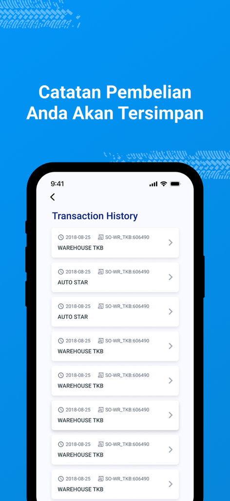 HSR Wheel - The HSR Wheel mobile app displaying a list of past tire and rim transactions on its Transaction History screen.