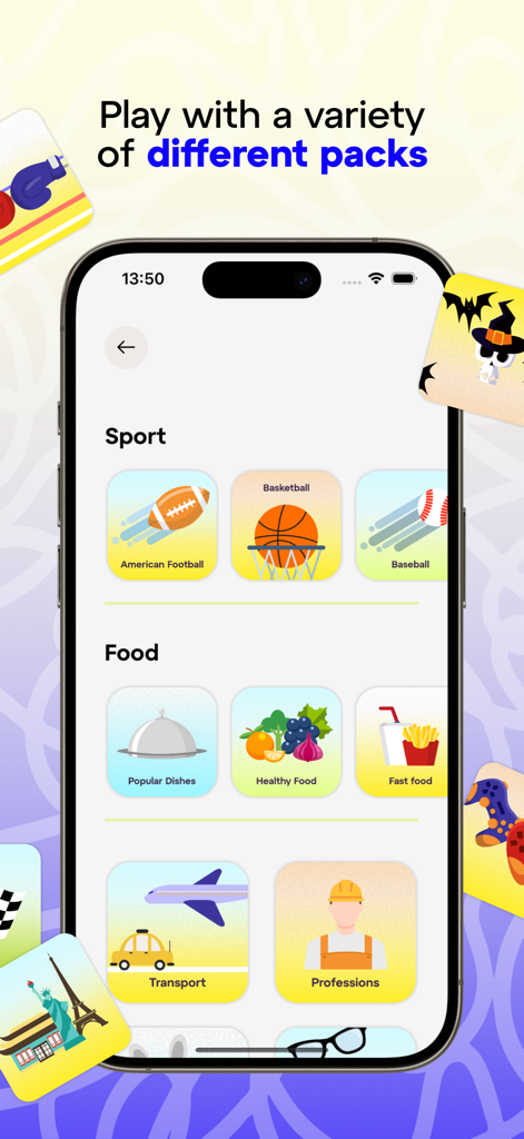 Charades - Guess Up The Word! - Una pantalla móvil que muestra diferentes paquetes de categorías de charadas como deportes y comida