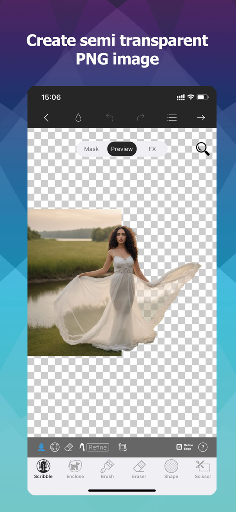 白いドレスを着た女性を背景から切り抜き、透明なPNG画像を作成するモバイルアプリのインターフェース