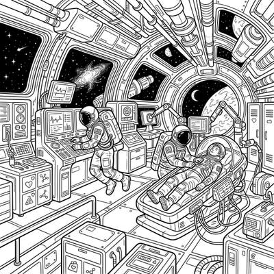 Journey into the vastness of space with this intricate coloring page depicting a cutting-edge medical facility. Engage with astronauts and advanced technology as you bring this futuristic scene to life with your colors.
