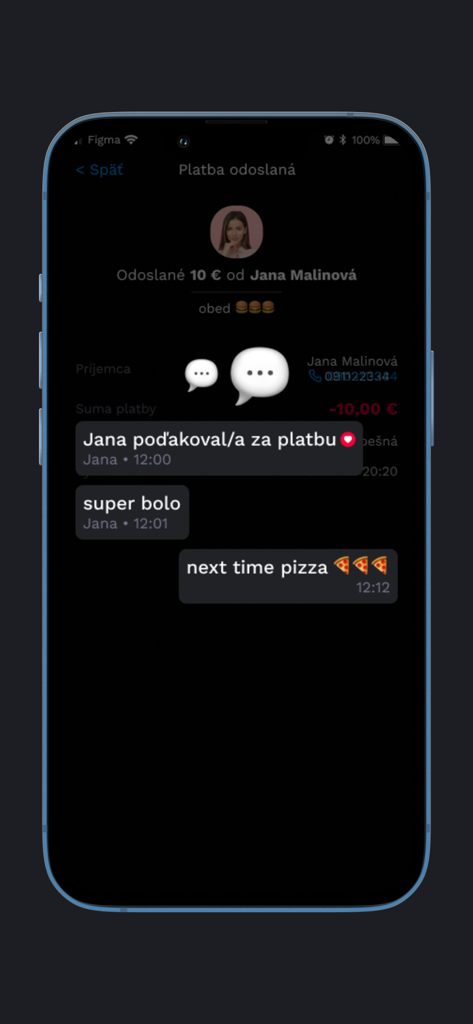 Tatra banka VIAMO - Tatra banka VIAMO mobile app screen showing a sent payment and chat conversation between friends