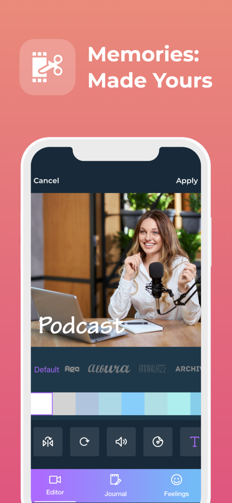 Private Video Dairy & Journal - Interfaz de la aplicación Private Video Diary que muestra un editor de video con personalización de texto y fuentes para un clip de podcast