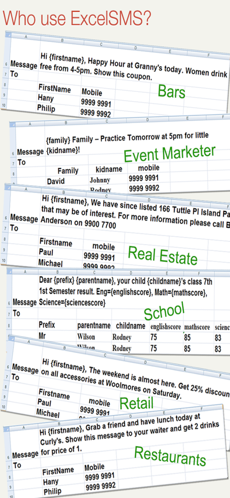 Ejemplos de plantillas de Excel para mensajería grupal personalizada en diversas industrias.