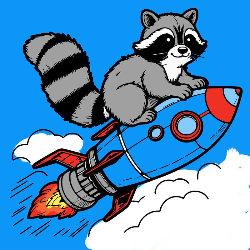 realistic raccoon flying on top rocket ship