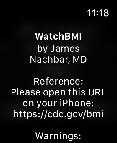 WatchBMI app interface on Apple Watch showing developer James Nachbar MD and a reference link to the CDC website