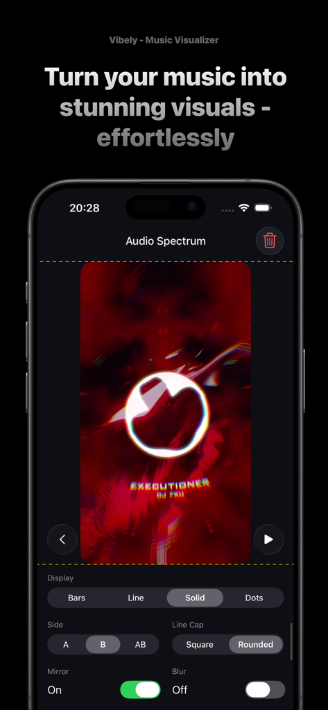 Vibely app interface displaying a red-themed circular audio spectrum visualizer with editing controls for bars, lines, and mirror effects.