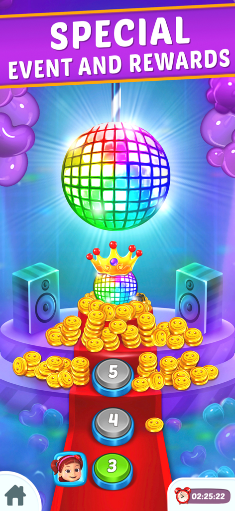 Special event screen with a disco ball and gold coins in Balloon Paradise