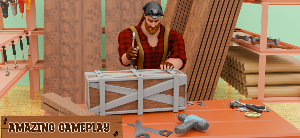 A 3D carpenter character assembling a wooden crate in a workshop with tools