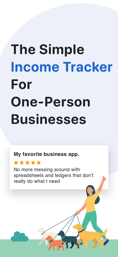 Giggy Bank - Income Tracker - Giggy Bank app screenshot featuring an income tracker for one person businesses with a dog walker illustration and a five star review