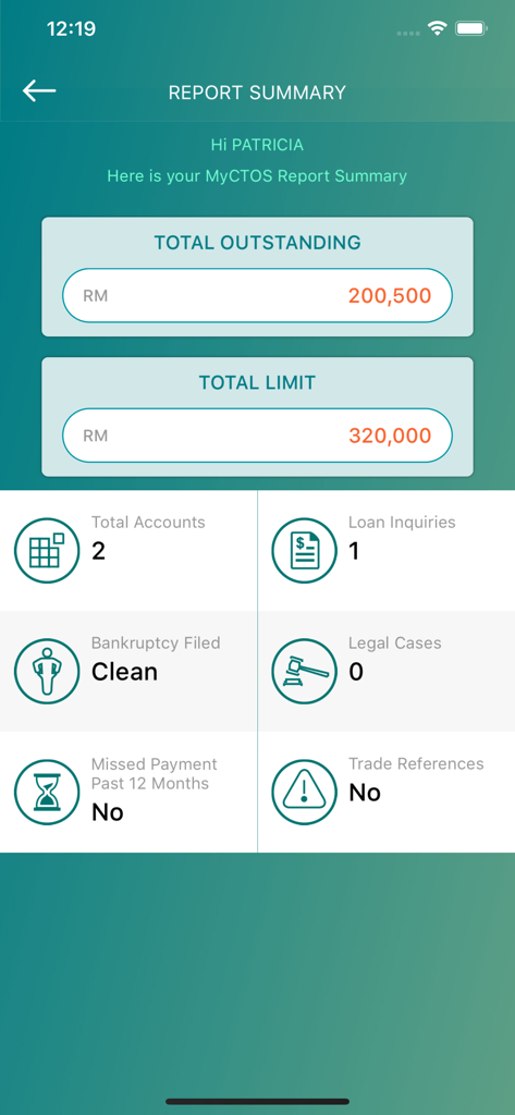 CTOS - Painel do aplicativo CTOS exibindo um resumo do relatório de crédito com saldo pendente e registros financeiros