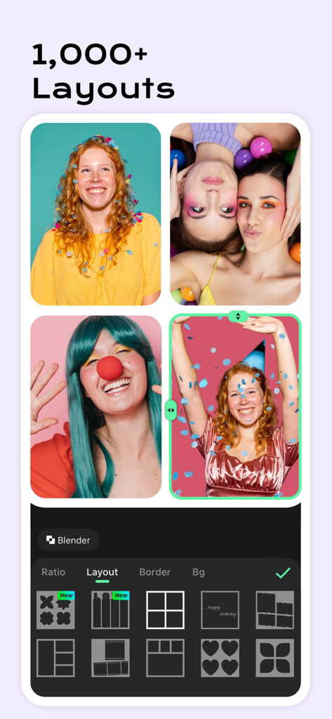 Interfaccia del creatore di collage fotografici che mostra vari layout a griglia e opzioni di modifica