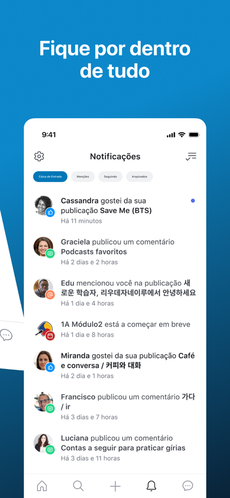 Coreano Online - Tela de smartphone mostrando o feed de notificações do aplicativo Coreano Online com interações sociais de usuários sobre aulas de coreano e K-pop