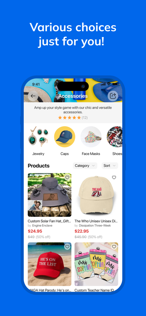 Interfaz de la app Printerval mostrando una amplia selección de accesorios personalizados que incluyen sombreros y joyas personalizados.