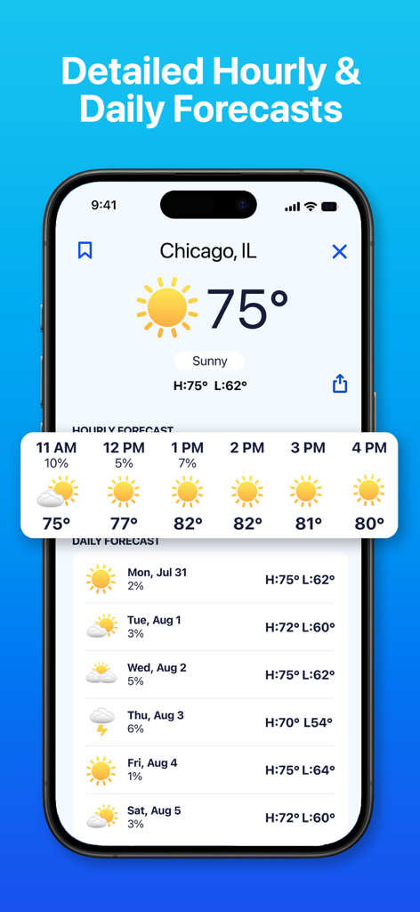 Pronóstico meteorológico horario y diario detallado para Chicago en la aplicación Weather Hi-Def Radar