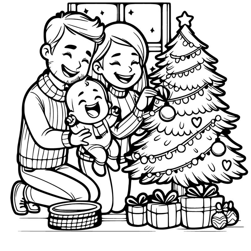 yılbaşı ağacı süsleyen bir karıkoca and yanlarında onları gülerek izleyen bir bebek çiz