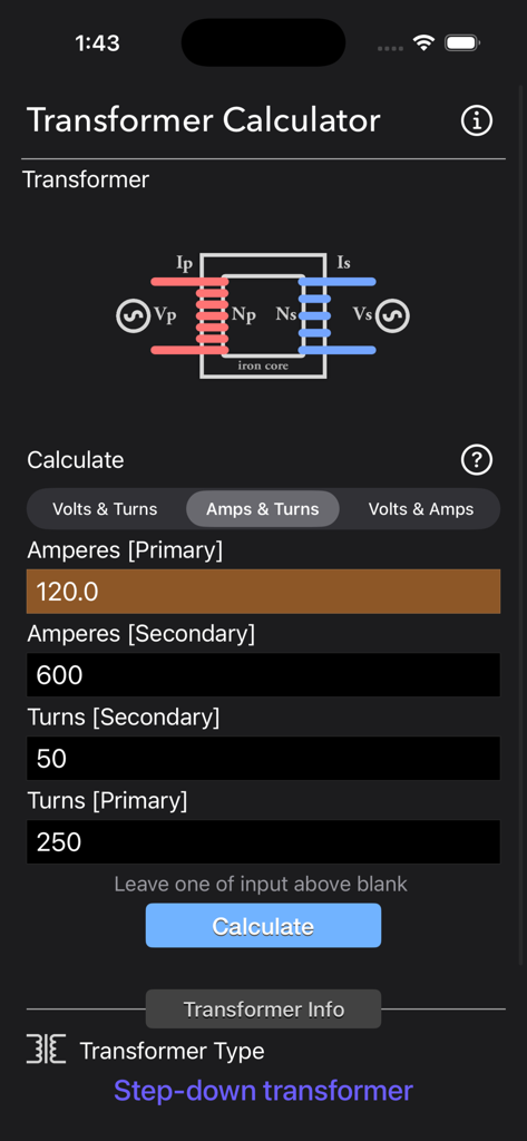 Interface of Transformer Calculator Plus app showing primary and secondary amperes and turns calculation with a step-down transformer result