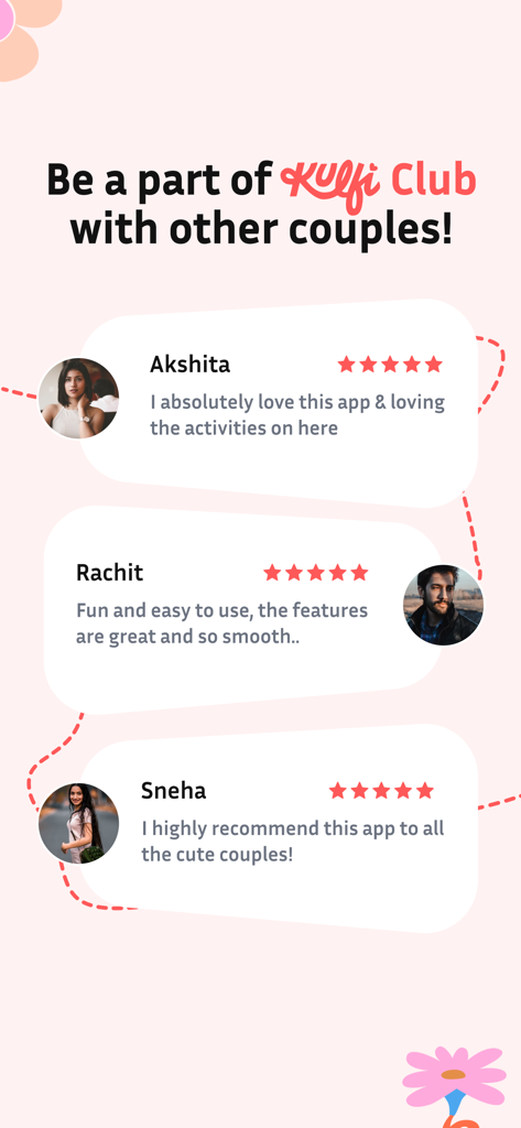 User testimonials for Kulfi couples app featuring positive reviews and five star ratings