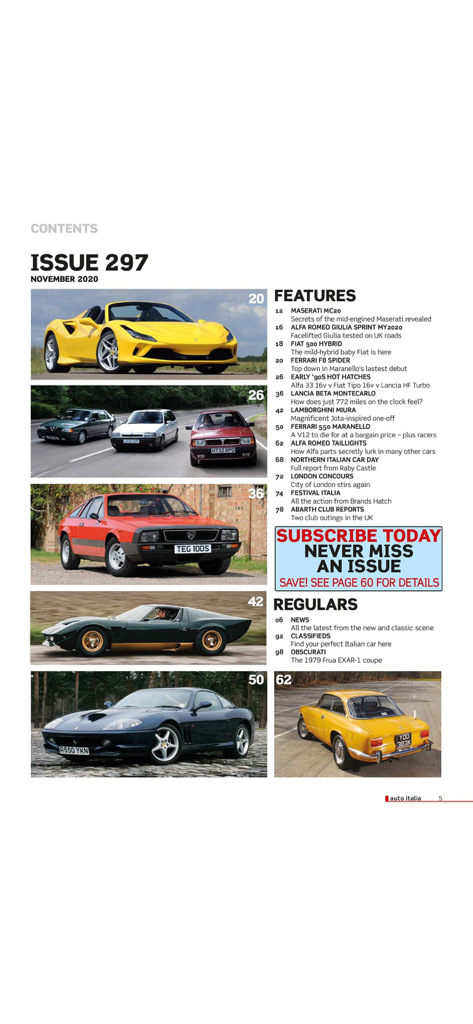 Auto Italia - Table of contents for Auto Italia magazine featuring Ferrari Alfa Romeo and Lancia cars