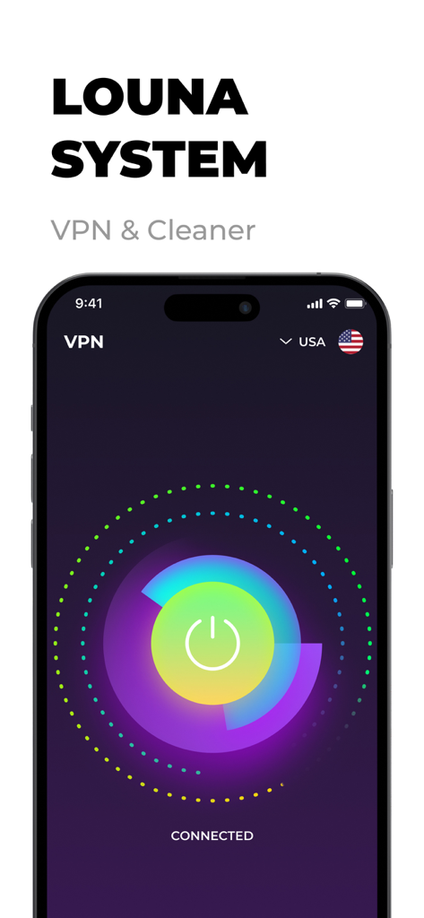 Louna System - VPN & Cleaner - 미국으로 안전하게 VPN 연결이 표시된 Louna System 앱 인터페이스 (iPhone)