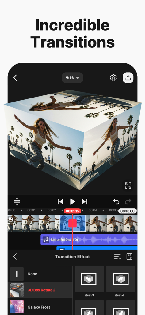 Interfaz del editor de video KineMaster que muestra un efecto de transición de caja 3D en un proyecto de video vertical