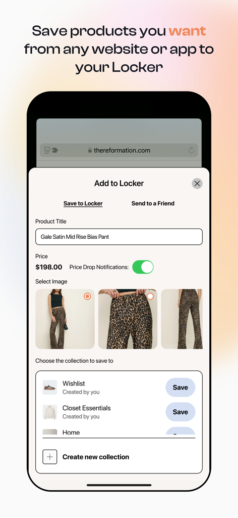 Interface of the Locker app showing how to save a fashion product from a website to a curated wishlist collection