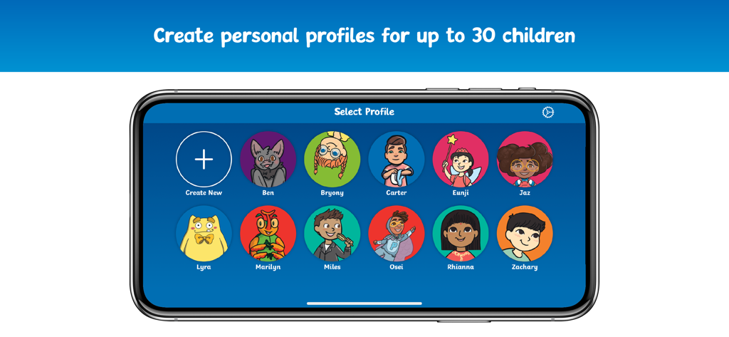 Twinkl Originals - Interface showing multiple child reader profiles with colorful character avatars in the Twinkl Originals app