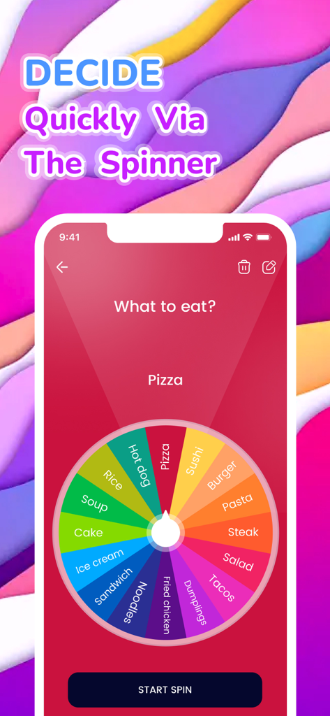 Wheel Spinner: Finger Chooser - Colorful wheel spinner app interface for deciding what to eat