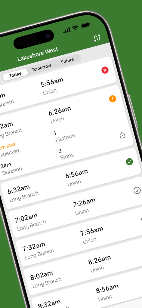 GoTrack app displaying departure times and platform numbers for the Lakeshore West GO Train line