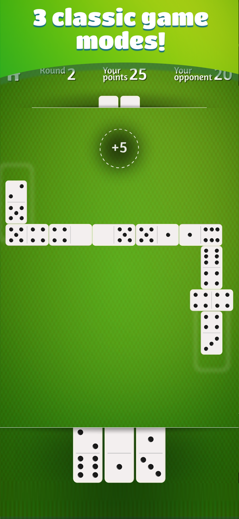 A game of classic dominoes in progress on a green felt background showing tiles and player scores