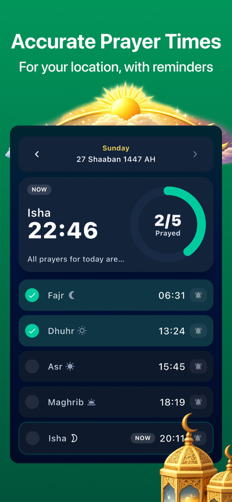 Muslim Bro: Prayer & Quran - Muslim Bro app interface showing accurate prayer times and daily prayer progress tracker