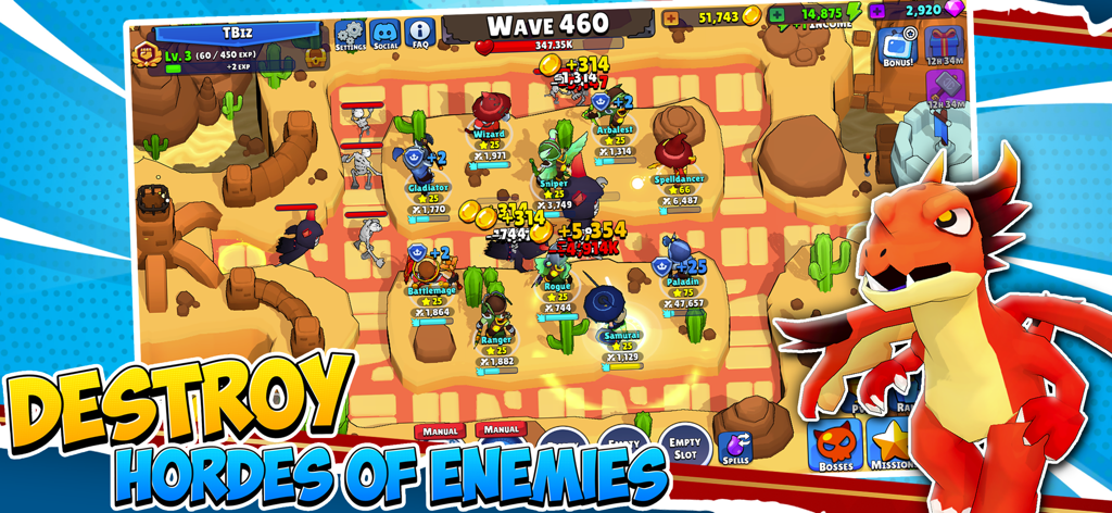 Idle Hero TD Tower Defense RPG - Heroes battle waves of monsters on a desert map in Idle Hero TD tower defense