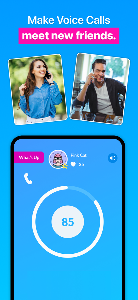 BlindID: Live & Group Chat - BlindID app interface showing a voice call countdown timer and a profile named Pink Cat