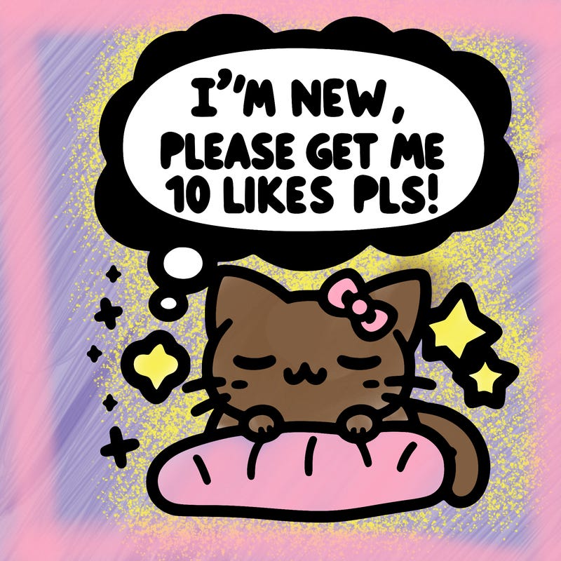 kitty taking a nap dream talking and saying "i'm new, please get me at least 10 likes pls!!"