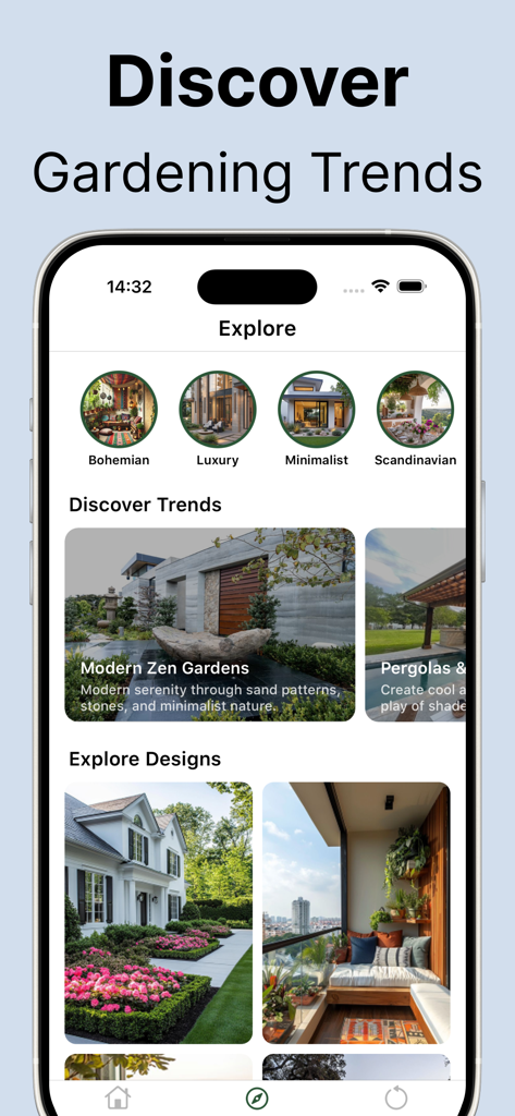 Landscape AI: Garden Designer - Landscape AI app explore screen showing various gardening trends and design styles like Bohemian and Minimalist