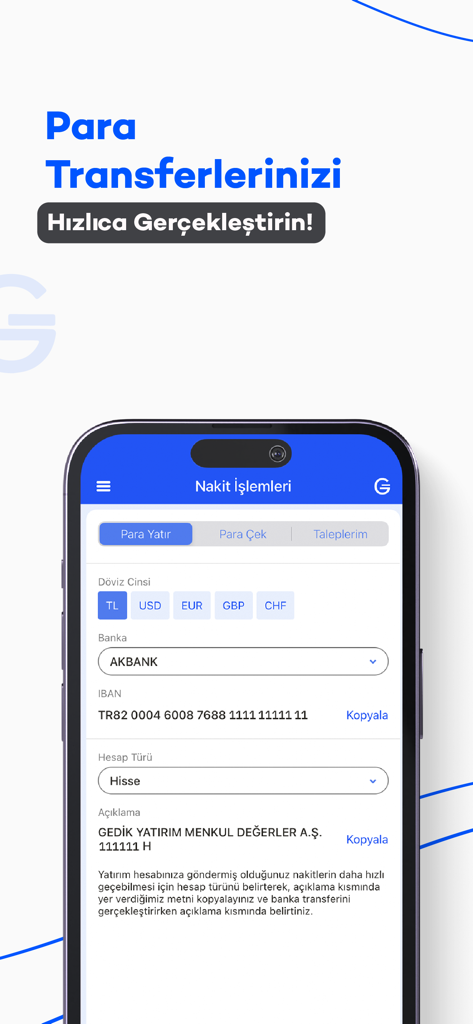 Gedik Trader - Gedik Trader mobile app interface showing the cash transactions screen with money transfer and deposit options.